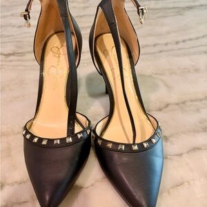 Pointed Black Studded Ankle-Strap Heels by Jessica Simpson